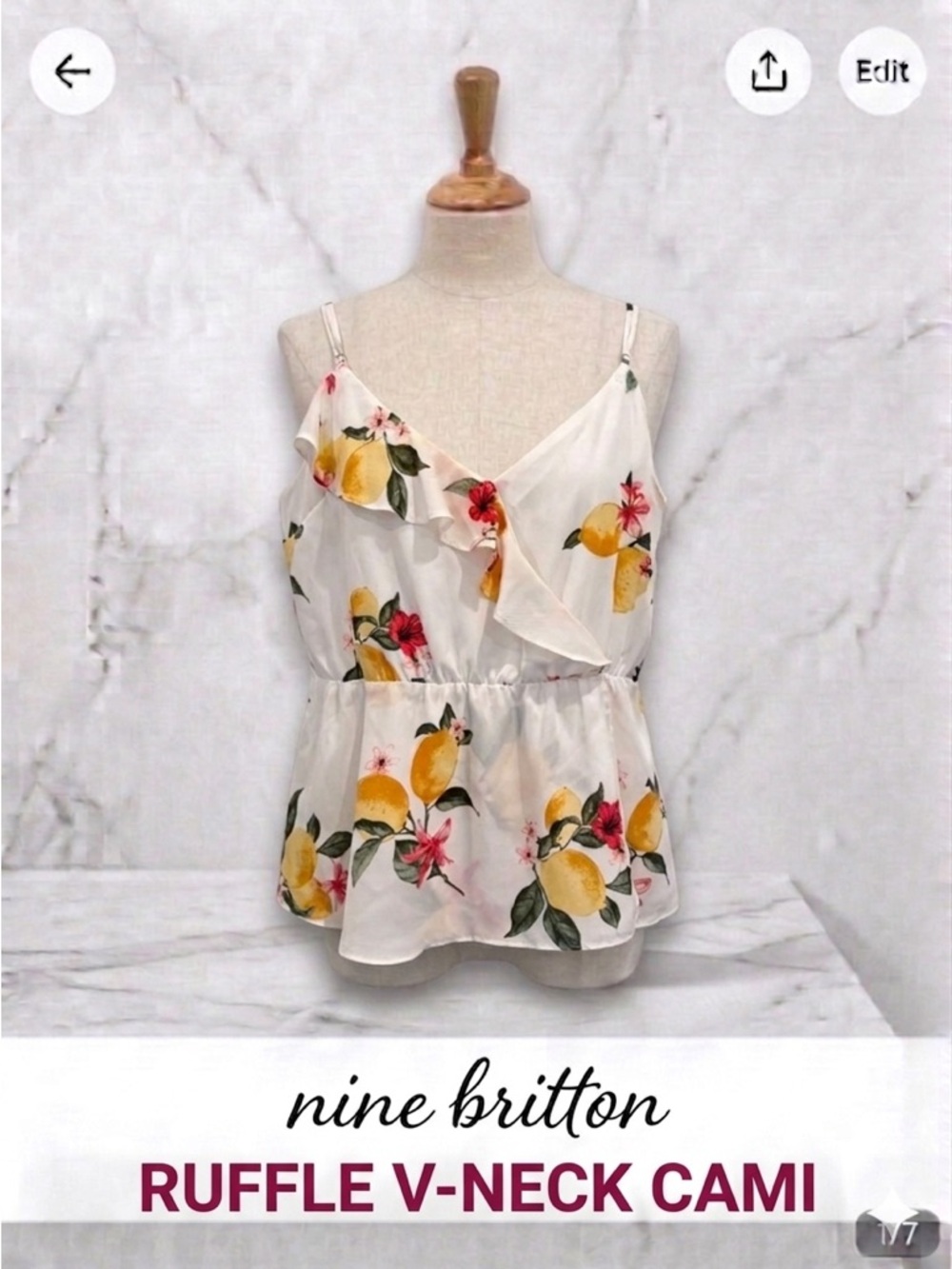 nine britton White Lemon & Floral Ruffle V-Neck Cami Size L